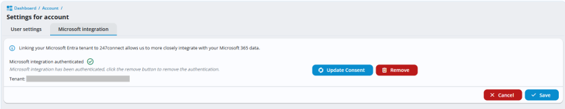 247connect Microsoft integration settings showing that Microsoft integration is authenticated, the tenant ID is displayed, and buttons for Update consent, Remove, Cancel and Save are available.